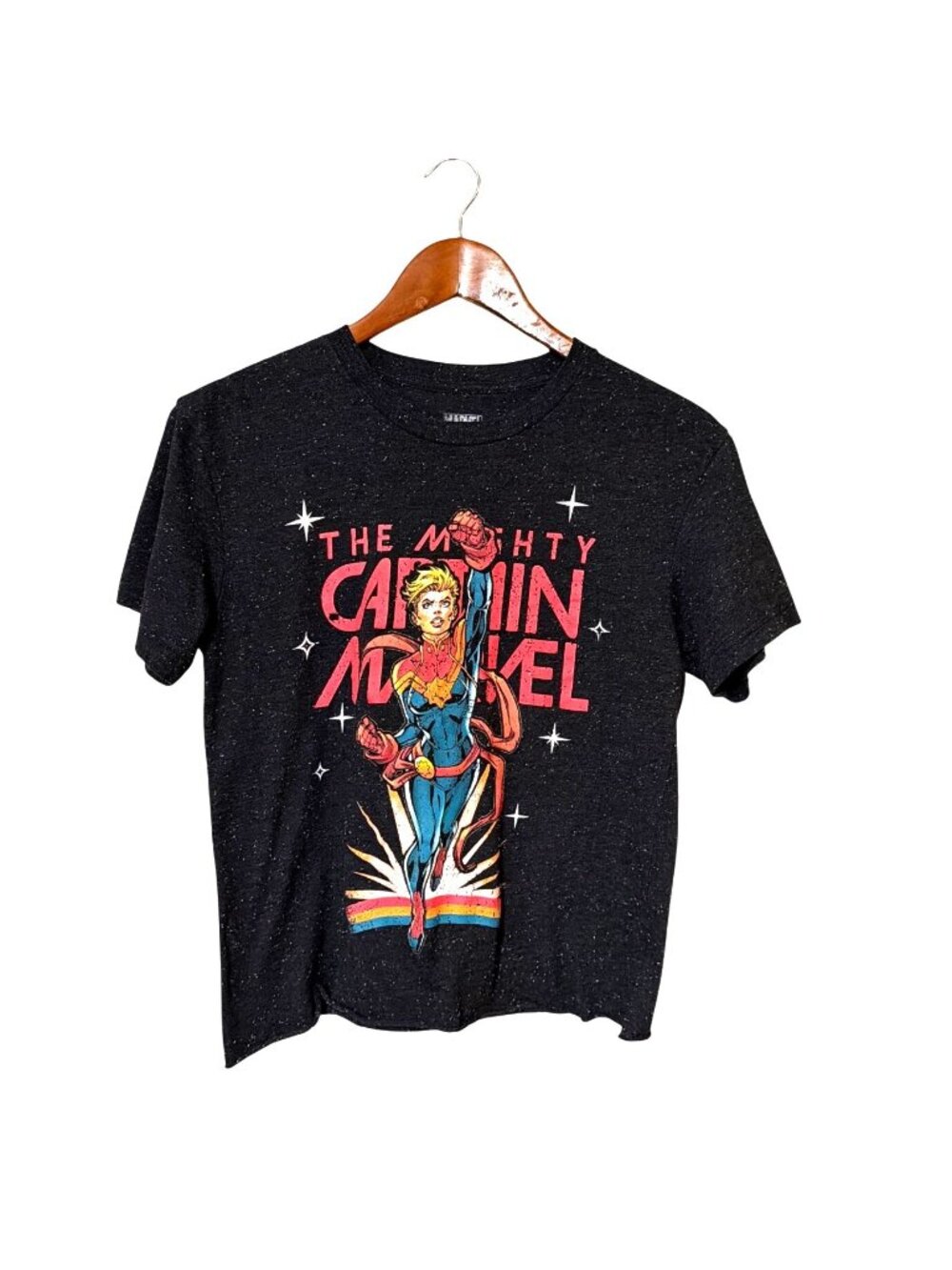 The Mighty Captain Marvel Womens T-Shirt Speckled Black Short Sleeves Size Small